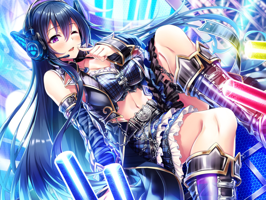 1girl bangs bare_shoulders belt belt_buckle black_belt blue_skirt blue_sleeves blush breasts buckle cleavage commentary_request detached_sleeves dutch_angle eyebrows_visible_through_hair fingernails hair_between_eyes hasumi_(hasubatake39) headphones headset highres idol knee_up kneebar light_stick long_sleeves looking_at_viewer medium_breasts midriff navel one_eye_closed original parted_lips plaid plaid_skirt plaid_sleeves purple_footwear purple_hair sitting skirt sleeves_past_wrists solo violet_eyes