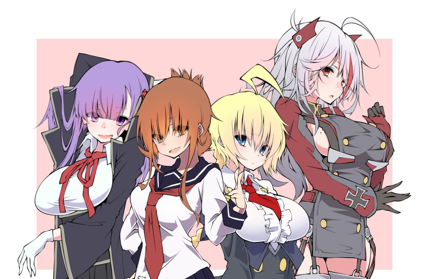 4girls ahoge black_gloves blonde_hair blue_eyes blush border breasts brown_eyes brown_hair character_request copyright_request cowboy_shot folded_ponytail gloves grey_hair hand_on_hip highres inazuma_(kantai_collection) kantai_collection large_breasts looking_at_viewer multiple_girls outside_border purple_hair red_eyes sakakiba_misogi school_uniform serafuku sideboob smile thigh-highs v violet_eyes white_border white_gloves wide_sleeves