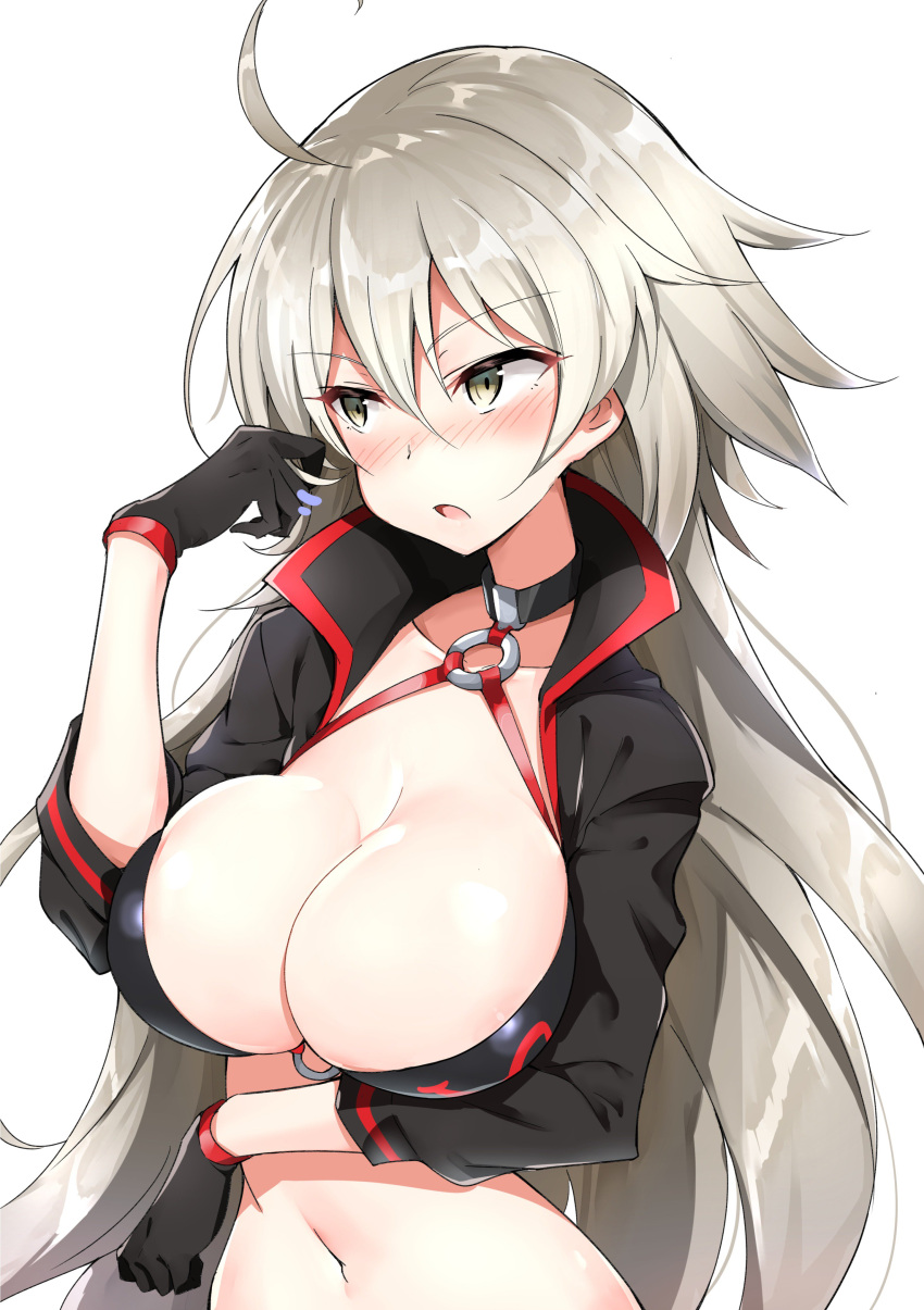 1girl absurdres ahoge black_gloves black_jacket blush breasts cleavage commentary_request fate_(series) gloves grey_eyes hand_up highres ichi-jirushi jacket jeanne_d'arc_(alter)_(fate) jeanne_d'arc_(fate)_(all) large_breasts long_hair looking_away navel nose_blush o-ring o-ring_top open_mouth shiny shiny_hair silver_hair simple_background solo upper_body very_long_hair white_background