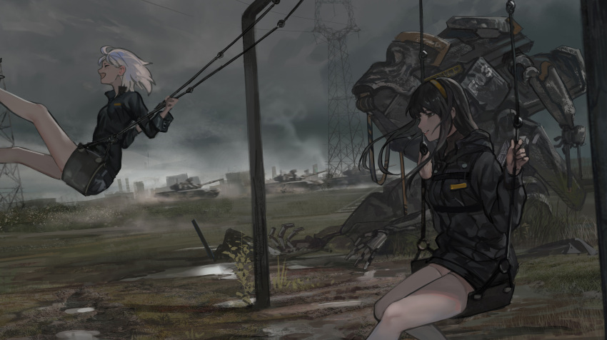 2girls absurdres black_eyes black_hair building closed_eyes day ground_vehicle highres hood hood_down hooded_jacket jacket jun_(5455454541) long_hair mecha military military_vehicle motor_vehicle multiple_girls open_mouth original outdoors overcast scenery short_hair sitting smile swing_set tank thigh-highs transmission_tower white_hair white_legwear