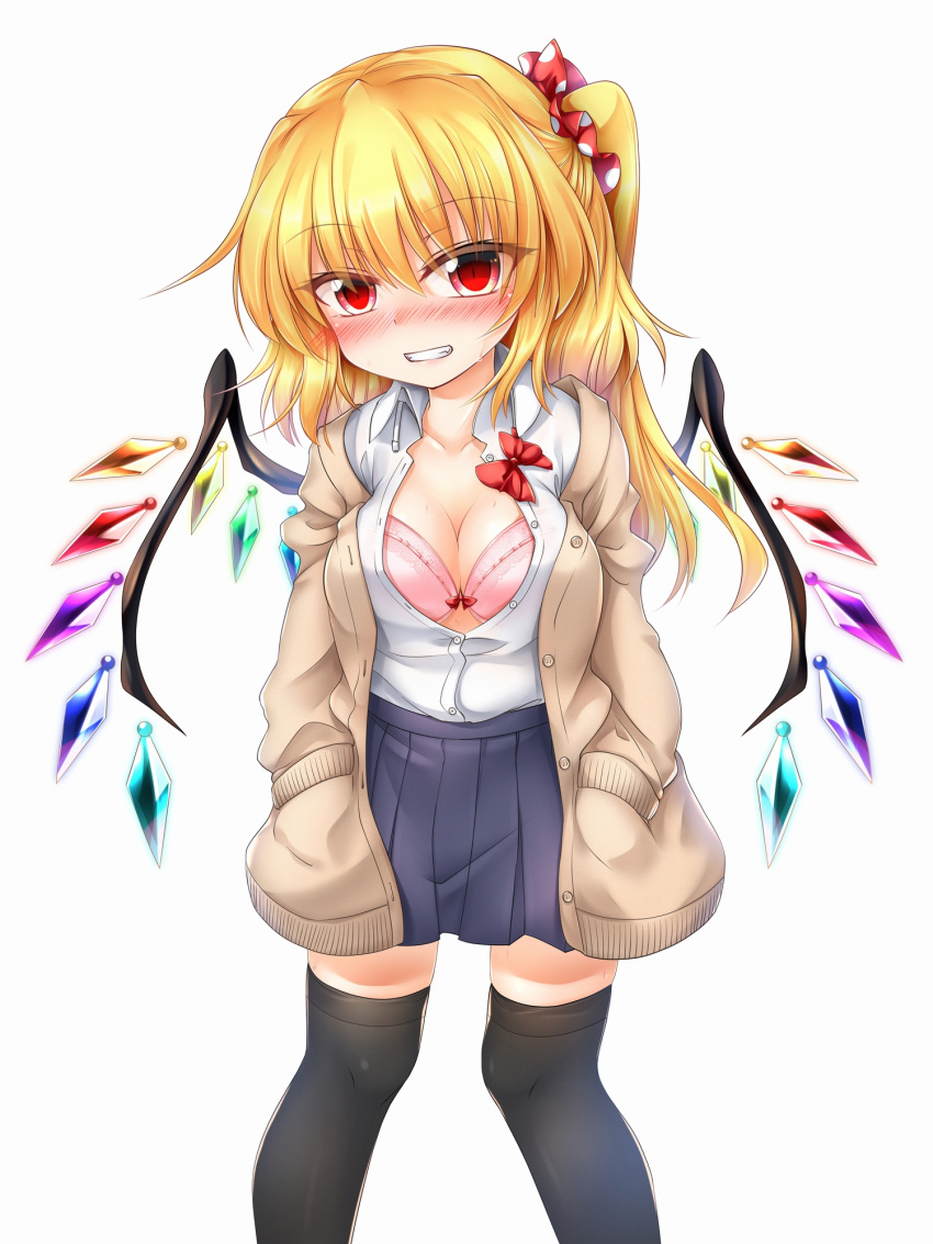 1girl alternate_breast_size bangs beige_jacket black_legwear blonde_hair blue_skirt blush bow bra breasts cardigan cleavage commentary_request cowboy_shot crystal eyebrows_visible_through_hair eyelashes fang flandre_scarlet grin hair_between_eyes hair_ornament hair_scrunchie hands_in_pockets head_tilt highres jacket large_breasts long_hair long_sleeves looking_at_viewer m9kndi miniskirt no_hat no_headwear nose_blush one_side_up open_cardigan open_clothes open_jacket pink_bra pleated_skirt polka_dot red_bow red_eyes red_scrunchie scrunchie shirt skirt smile solo sweat thigh-highs thighs touhou underwear white_shirt wing_collar wings zettai_ryouiki