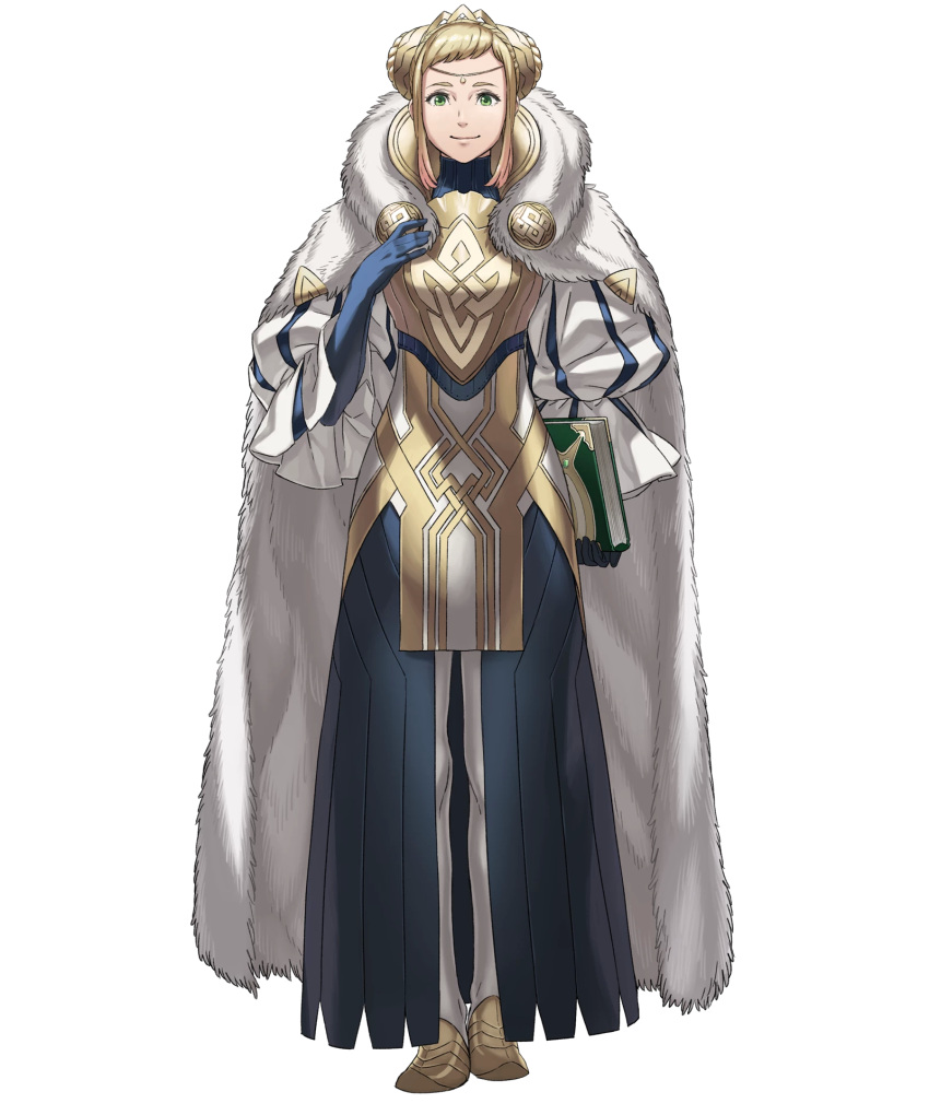 1girl blonde_hair blue_gloves book cape closed_mouth double_bun dress elbow_gloves fire fire_emblem fire_emblem_heroes full_body fur_cape gloves gradient gradient_hair green_eyes hair_ornament henriette_(fire_emblem) highres holding holding_book jewelry kozaki_yuusuke lips looking_at_viewer multicolored_hair nintendo official_art pink_hair puffy_sleeves sidelocks smile solo standing striped tied_hair transparent_background turtleneck vertical_stripes