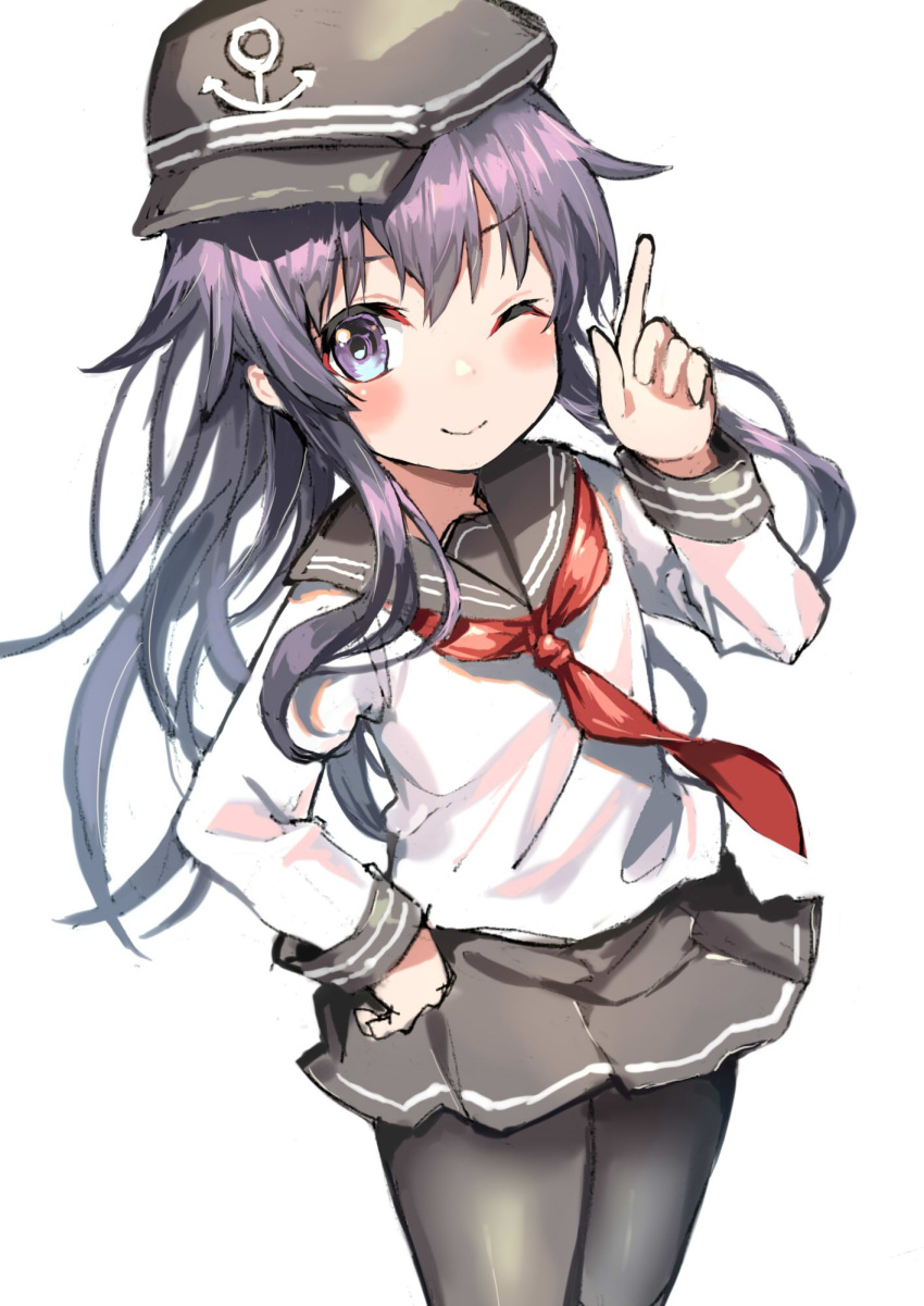 1girl akatsuki_(kantai_collection) anchor_symbol black_legwear blush closed_mouth denchu_(kazudentyu) eyebrows_visible_through_hair flat_cap hair_between_eyes hat highres kantai_collection long_hair looking_at_viewer neckerchief one_eye_closed pantyhose pleated_skirt purple_hair red_neckwear school_uniform serafuku simple_background skirt smile solo twitter_username violet_eyes white_background