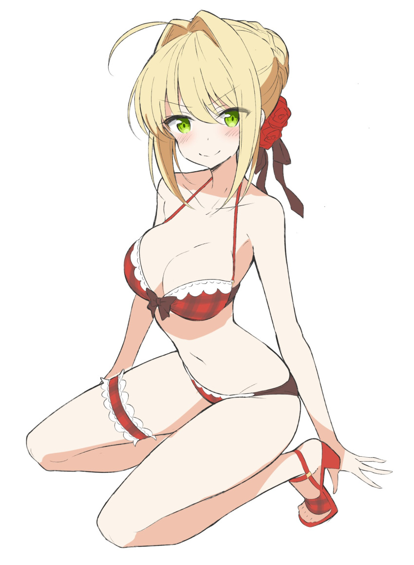 1girl ahoge bikini blonde_hair blush bow bow_bikini braided_bun breasts brown_bow cleavage collarbone eyebrows_visible_through_hair fate/extra fate_(series) flower full_body green_eyes groin hair_between_eyes hair_flower hair_ornament halterneck highres ichi-jirushi kneeling large_breasts looking_at_viewer navel nero_claudius_(fate) nero_claudius_(fate)_(all) pumps red_bikini red_flower red_rose rose short_hair_with_long_locks sidelocks simple_background smile solo swimsuit thigh_strap v-shaped_eyebrows white_background