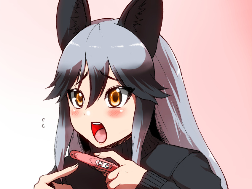 1girl :o animal_ear_fluff animal_ears black_hair black_sweater blush commentary_request eyebrows_visible_through_hair face fox_ears gradient gradient_background grey_hair hair_between_eyes isuna kemono_friends long_hair long_sleeves looking_away multicolored_hair open_mouth orange_eyes pink_background pointing portrait pregnancy_test silver_fox_(kemono_friends) simple_background solo sweater turtleneck turtleneck_sweater