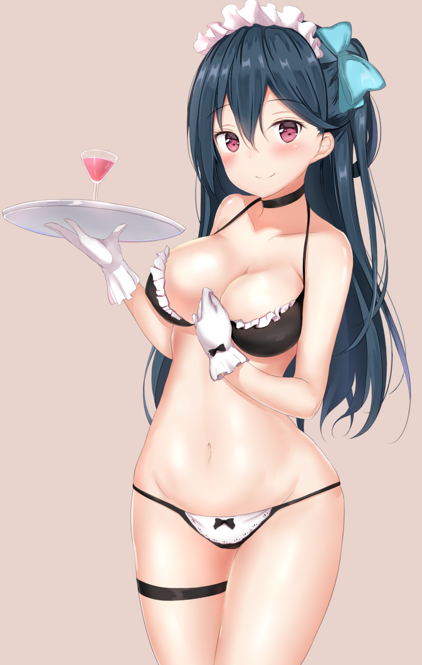 1girl aqua_bow bangs bare_arms bare_shoulders bikini black_bikini black_choker black_hair blush bow breasts choker cleavage closed_mouth collarbone cowboy_shot cup drink drinking_glass eyebrows_visible_through_hair frilled_bikini frills gloves groin hair_between_eyes hair_bow halterneck hand_on_own_chest hand_up highres holding holding_tray long_hair looking_at_viewer maid_bikini maid_headdress medium_breasts navel one_side_up phantasy_star phantasy_star_online_2 pink_background red_eyes simple_background smile solo standing swimsuit thigh_strap tray washinomiya_koori white_gloves wine_glass yuano