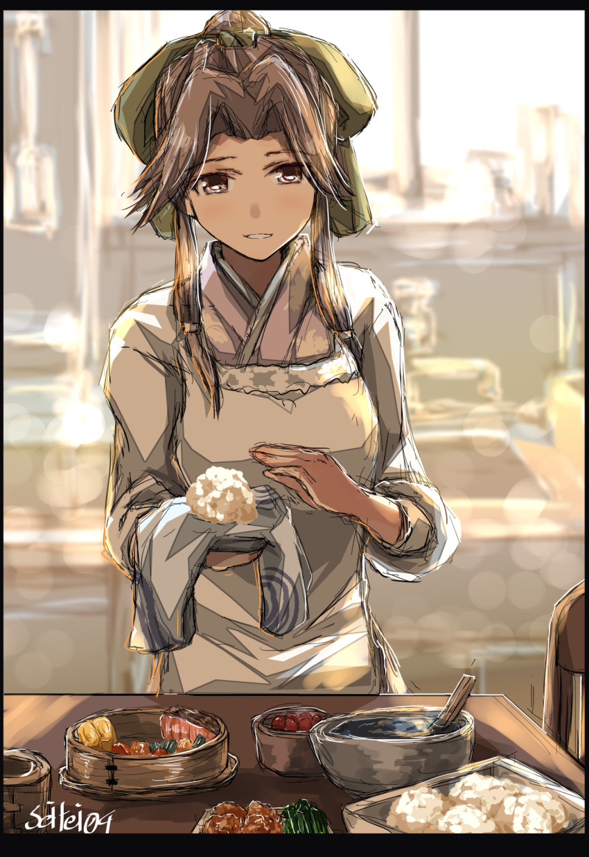 1girl alternate_costume apron blush bowl breasts brown_eyes brown_hair cherry cooking croquette dish eyebrows_visible_through_hair fish food fruit headband highres indoors japanese_clothes jintsuu_(kantai_collection) kantai_collection kappougi kimono kitchen long_hair long_sleeves looking_at_viewer medium_breasts nori_(seaweed) onigiri plate ponytail rice seitei_(04seitei) smile solo table twitter_username vegetable water