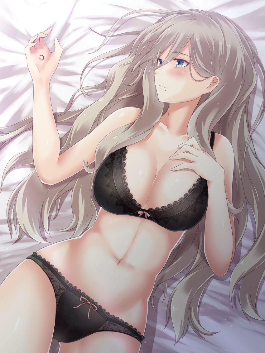 1girl absurdres bangs bare_shoulders bed_sheet black_bra black_panties blonde_hair blue_eyes blush bra breasts cleavage collarbone eyebrows_visible_through_hair groin hair_between_eyes hand_up highres holding holding_ring jewelry kantai_collection lace lace-trimmed_bra lace-trimmed_panties lingerie long_hair lying mole mole_under_eye mole_under_mouth navel on_back panties ribbon-trimmed_bra ribbon-trimmed_panties richelieu_(kantai_collection) ring sidelocks smile solo stomach twinameless underwear underwear_only yellow_eyes