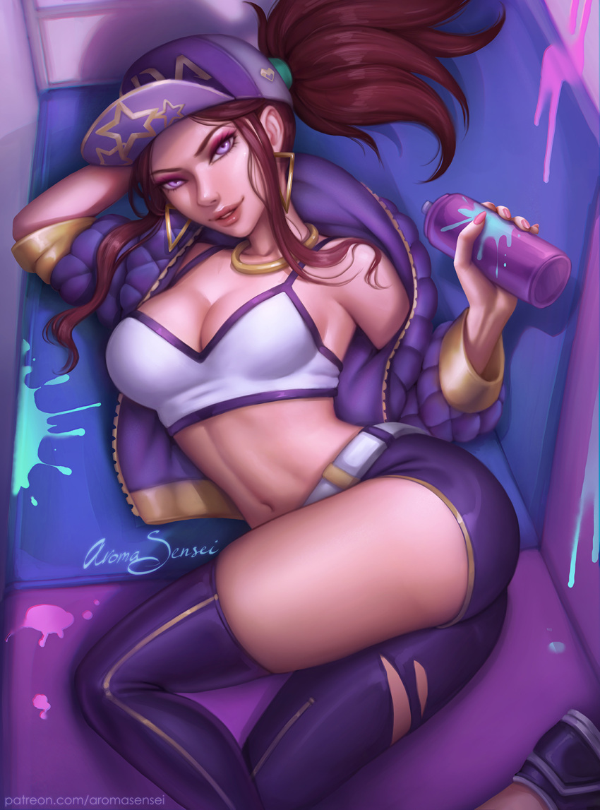 1girl akali arm_up aroma_sensei asymmetrical_clothes asymmetrical_legwear baseball_cap belt breasts cleavage cropped_jacket earrings eyeshadow hat highres holding idol jacket jewelry k/da_(league_of_legends) k/da_akali large_breasts league_of_legends looking_at_viewer lying makeup midriff nail_polish navel necklace on_side open_clothes open_jacket paint_splatter parted_lips patreon_username ponytail redhead shoes signature single_pantsleg single_thighhigh smile solo spray_can tank_top thigh-highs torn_clothes violet_eyes watermark web_address