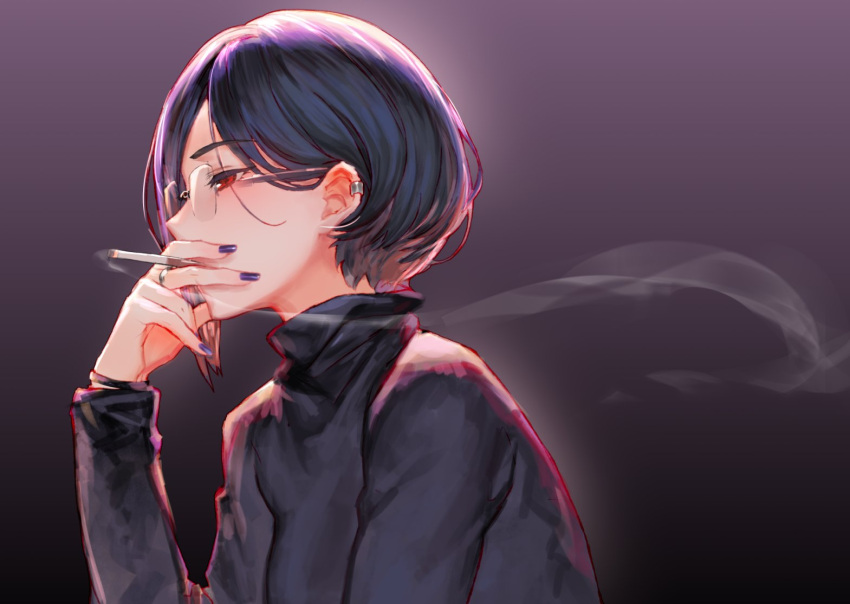 1girl black_sweater cigarette commentary_request ear_piercing fingernails from_side glasses hand_up holding holding_cigarette izumi_sai long_sleeves nail_polish original piercing purple_background purple_hair purple_nails red_eyes rimless_eyewear short_hair smoke smoking solo sweater