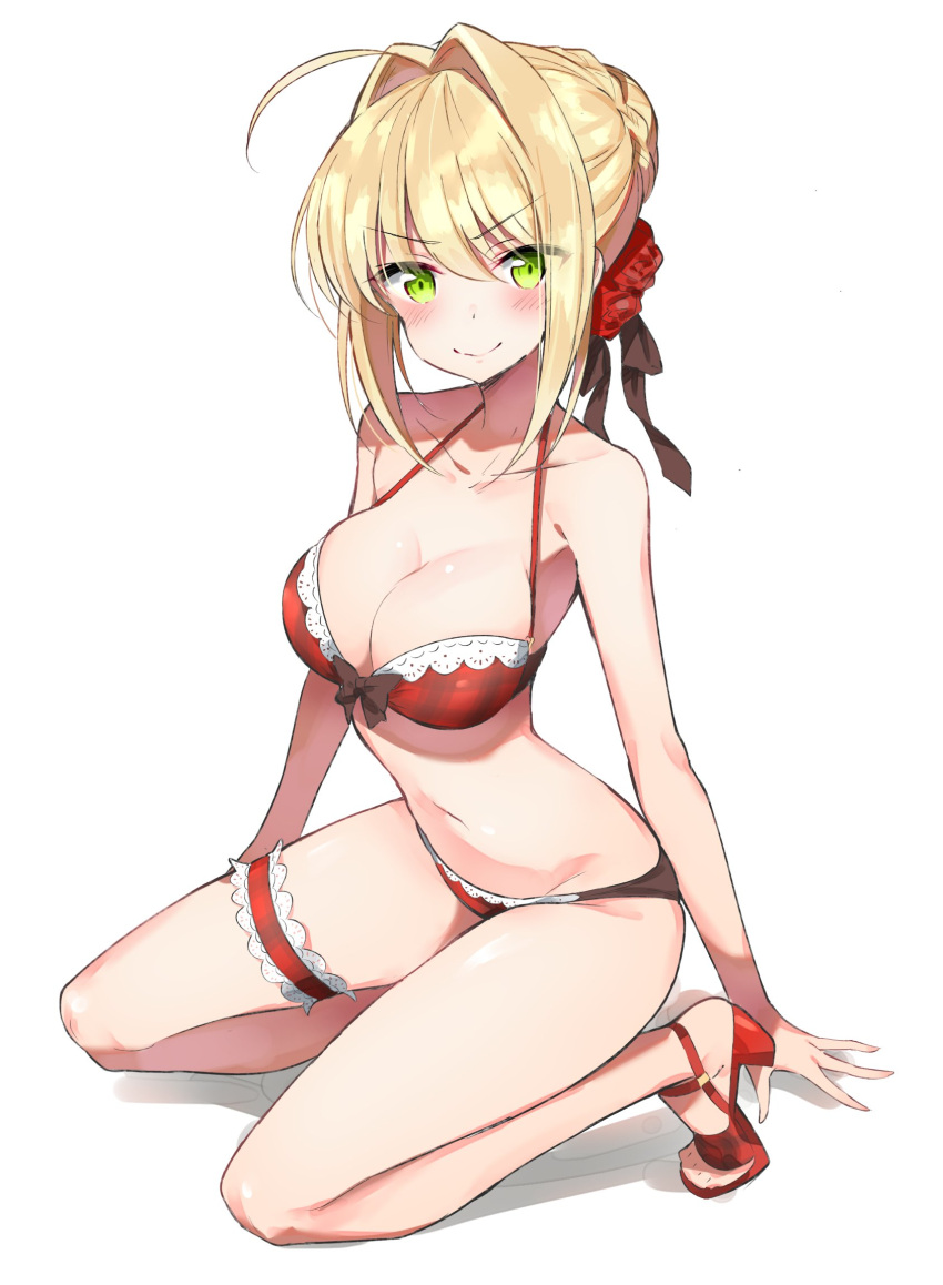 1girl ahoge bikini blonde_hair blush bow bow_bikini braided_bun breasts brown_bow cleavage collarbone eyebrows_visible_through_hair fate/extra fate_(series) flower full_body green_eyes groin hair_between_eyes hair_flower hair_ornament halterneck highres ichi-jirushi kneeling large_breasts looking_at_viewer navel nero_claudius_(fate) nero_claudius_(fate)_(all) pumps red_bikini red_flower red_rose rose short_hair_with_long_locks sidelocks simple_background smile solo swimsuit thigh_strap v-shaped_eyebrows white_background