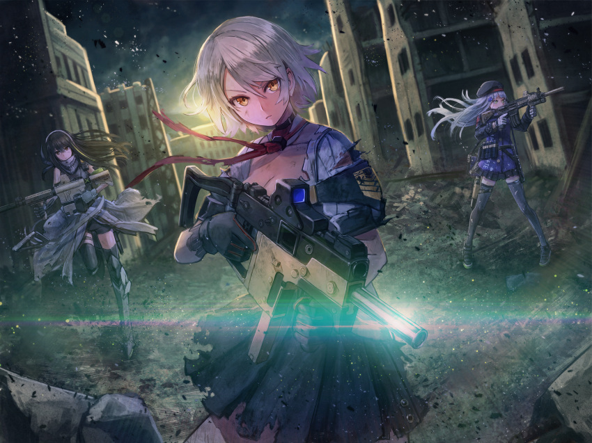 3girls armband assault_rifle bangs beret black_legwear blunt_bangs breasts brown_eyes brown_hair cleavage closed_mouth clothes_around_waist collarbone eyebrows_visible_through_hair facial_mark firing girls_frontline gloves green_eyes green_hair grey_hair gun hair_between_eyes hair_ornament handgun hat headphones heckler_&amp;_koch highres hk416 hk416_(girls_frontline) holding holding_gun holding_weapon holster holstered_weapon jacket jacket_around_waist kriss_vector kuroi_susumu lens_flare long_hair looking_at_viewer m4_carbine m4a1_(girls_frontline) magazine_(weapon) medium_breasts multicolored_hair multiple_girls outdoors parted_lips pistol pleated_skirt rifle ruins running scarf shirt short_hair sidelocks silver_hair skirt streaked_hair submachine_gun sunrise teardrop thigh-highs thigh_holster thigh_strap torn_clothes torn_skirt trigger_discipline vector_(girls_frontline) very_long_hair weapon yellow_eyes