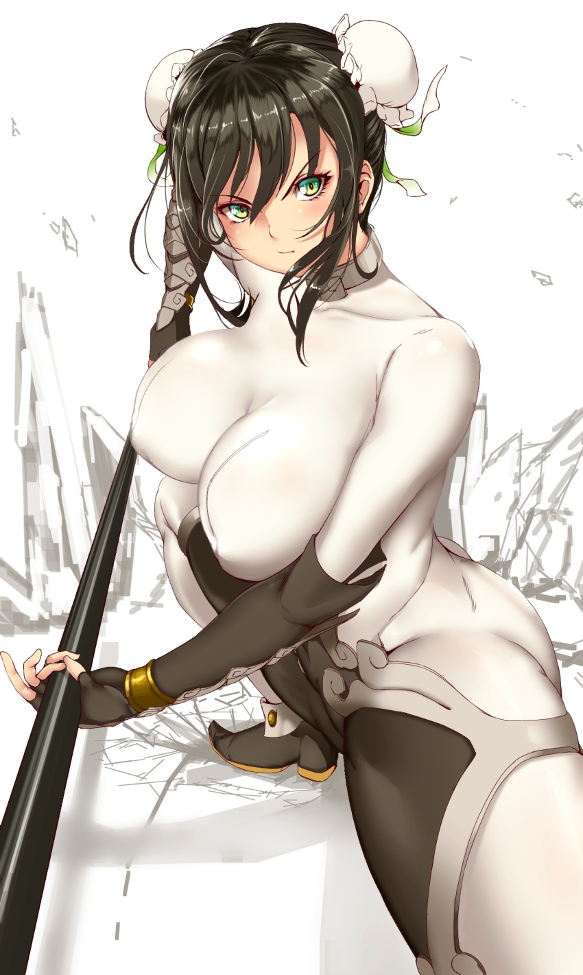 1girl arm_guards bangs black_hair blush bodysuit breasts bun_cover chinese_clothes closed_mouth commentary_request covered_nipples double_bun fate/grand_order fate_(series) fighting_stance fingerless_gloves gloves green_eyes highres holding holding_weapon large_breasts looking_at_viewer pekoneko polearm qin_liangyu_(fate) sidelocks simple_background skin_tight solo spear squatting v-shaped_eyebrows weapon white_background