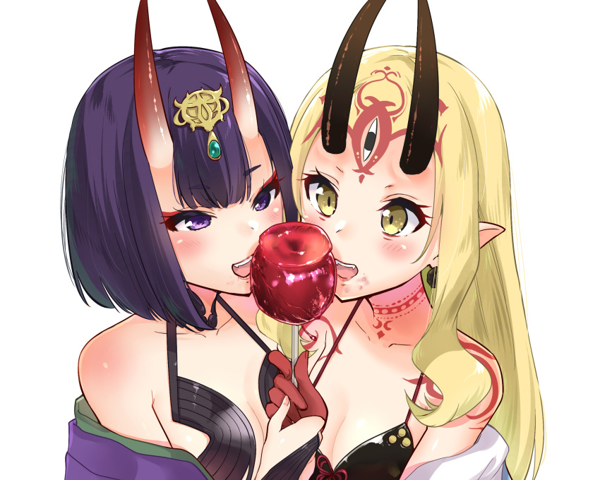 2girls apple bob_cut breasts commentary_request eyebrows_visible_through_hair eyeliner eyeshadow facial_mark fang_out fate/grand_order fate_(series) fingernails food forehead_mark fruit headpiece highres horns ibaraki_douji_(fate/grand_order) japanese_clothes kimono makeup multiple_girls oni oni_horns open_mouth pointy_ears purple_hair purple_kimono revealing_clothes sarfata sharp_fingernails short_eyebrows short_hair shuten_douji_(fate/grand_order) small_breasts tattoo upper_body violet_eyes yellow_eyes yellow_kimono