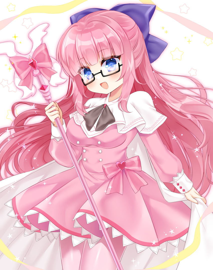 1girl :d black-framed_eyewear blue_eyes bow breasts capelet commission dress glasses hair_bow highres holding holding_staff large_breasts long_hair long_sleeves original pantyhose pink_bow pink_dress pink_hair pink_pantyhose pleated_dress puffy_long_sleeves puffy_sleeves purple_bow semi-rimless_eyewear shikito skeb_commission smile solo staff under-rim_eyewear very_long_hair white_capelet