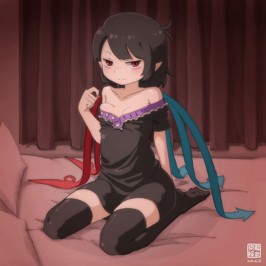 1girl ahoge arm_behind_back asymmetrical_wings bangs bare_shoulders bed_sheet black_dress black_hair black_legwear blush breasts closed_mouth collarbone curtains dress eyebrows eyebrows_visible_through_hair full_body hand_up highres houjuu_nue indoors kani_onigiri_(shottare) looking_at_viewer no_shoes off_shoulder on_bed pillow pointy_ears red_eyes seiza short_dress short_hair short_sleeves sitting small_breasts smile solo thigh-highs touhou wings