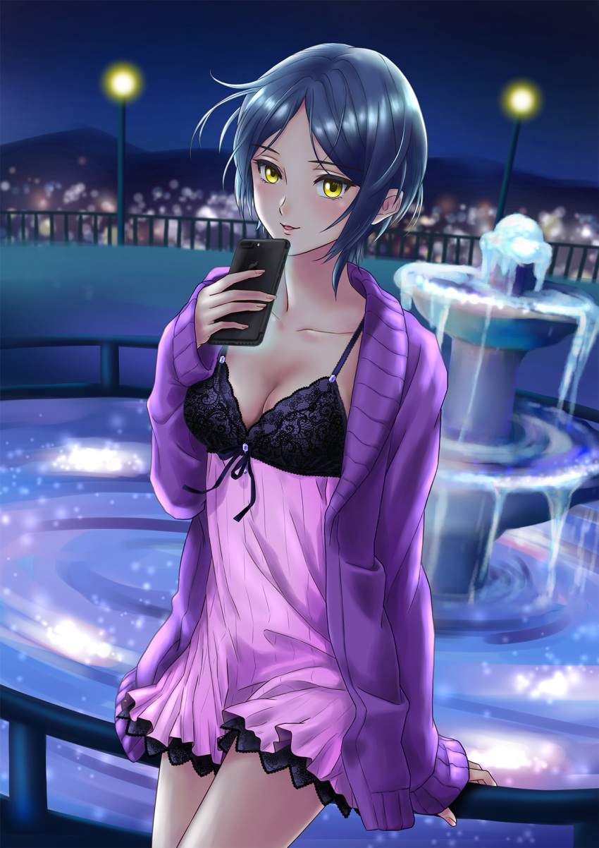 1girl blue_hair breasts cellphone cleavage collarbone commentary_request fountain hayami_kanade highres holding holding_phone idolmaster idolmaster_cinderella_girls idolmaster_cinderella_girls_starlight_stage jacket light_blush lingerie looking_at_viewer medium_breasts night nightgown open_clothes open_jacket phone pleiades_(sting7712) purple_jacket railing short_hair smartphone solo underwear yellow_eyes