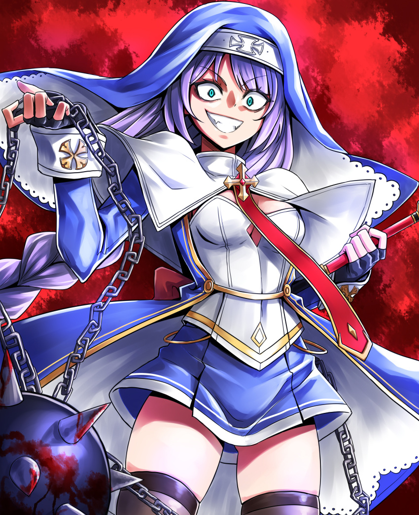 &gt;:d 1girl absurdres ball_and_chain black_gloves blood bloody_weapon blue_eyes braid breasts capelet clarissa_(epic7) cleavage epic7 fingerless_gloves gloves grin habit highres karadborg long_hair long_sleeves looking_at_viewer parted_lips purple_hair red_background red_neckwear simple_background skindentation small_breasts smile solo standing thigh-highs very_long_hair weapon white_capelet