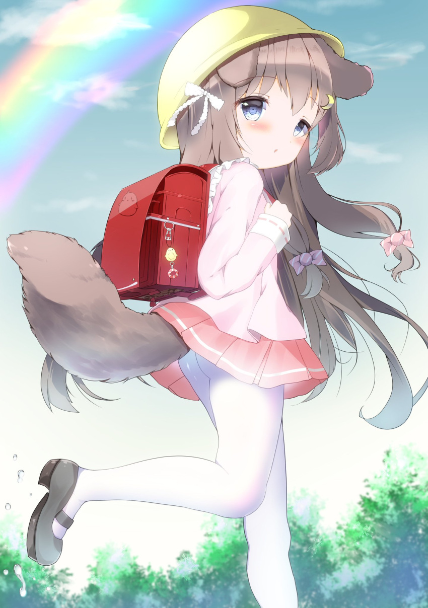 1girl animal_ears ass azur_lane backpack bag blue_eyes blush bow brown_hair clouds commentary_request crescent crescent_hair_ornament crime_prevention_buzzer dog_ears dog_tail from_side fumizuki_(azur_lane) hair_bow hair_ornament hat highres leg_up long_hair looking_back mary_janes miniskirt open_mouth outdoors pantyhose pink_shirt pink_skirt rainbow randoseru ribbon running school_hat school_uniform serafuku shirt shoes skirt skirt_lift sky solo tail water white_legwear yellow_hat