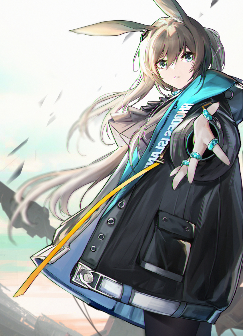 1girl absurdres amiya_(arknights) animal_ears arknights ascot black_ascot black_coat black_pantyhose blue_eyes brown_hair buttons coat cowboy_shot eyebrows_hidden_by_hair floating_hair foreshortening from_side hair_between_eyes highres hooded_coat jewelry jia_redian_ruzi_ruzi long_hair looking_at_viewer looking_to_the_side open_clothes open_coat open_hand outstretched_arm pantyhose parted_lips pocket ponytail rabbit_ears reaching_out ring solo very_long_hair