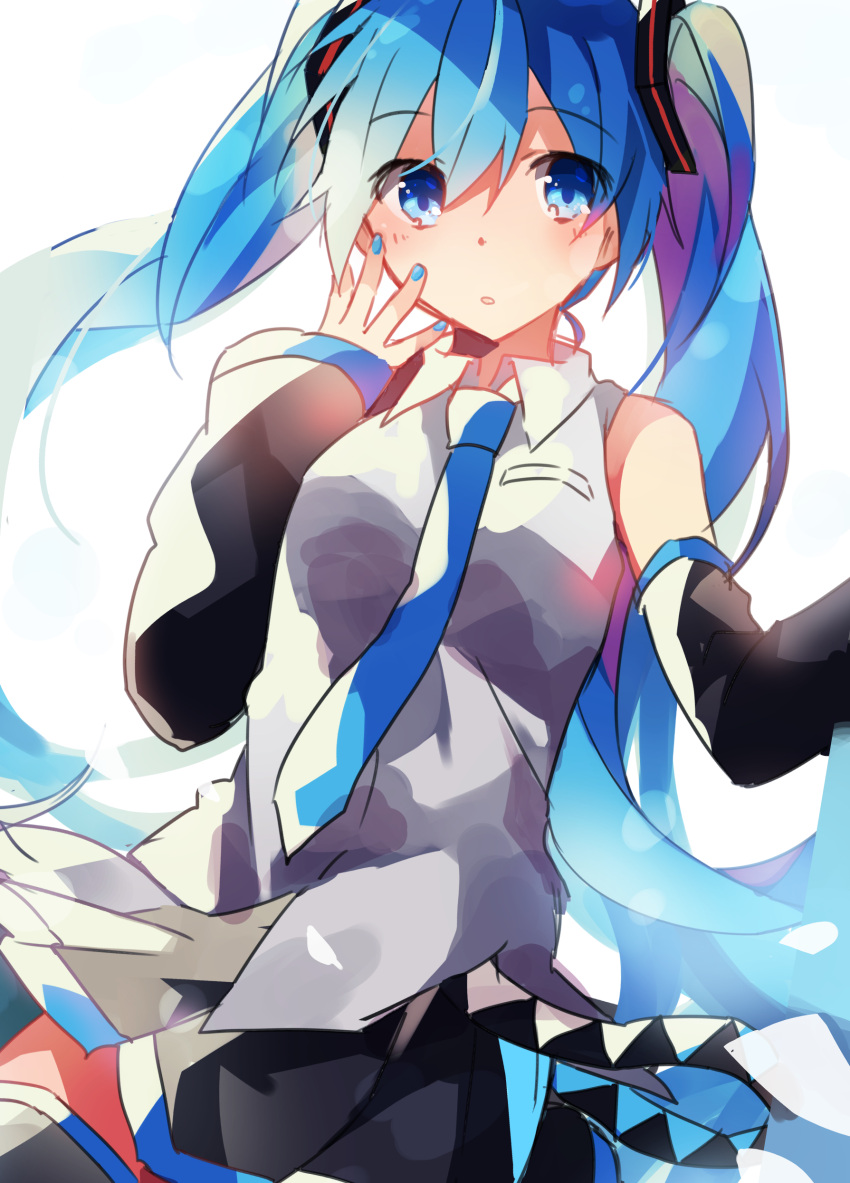 1girl absurdres bangs bare_shoulders black_legwear black_skirt black_sleeves blue_eyes blue_hair blue_nails blue_neckwear blush breasts collared_shirt commentary_request detached_sleeves eyebrows_visible_through_hair fingernails grey_shirt hair_between_eyes hair_ornament hand_up hatsune_miku highres long_sleeves nail_polish necktie pleated_skirt shirt simple_background skirt sleeveless sleeveless_shirt sleeves_past_wrists small_breasts solo thigh-highs twintails vocaloid white_background yuruno