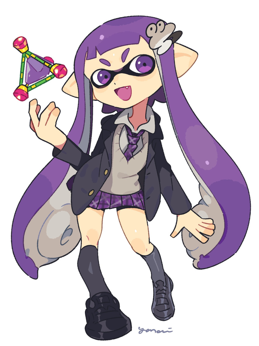 1girl bangs domino_mask highres inkling long_hair looking_at_viewer mask nintendo open_mouth pleated_skirt school_uniform serafuku shirt simple_background skirt smile splatoon splatoon_(series) splatoon_1 super_smash_bros. super_smash_bros._ultimate tentacle_hair white_shirt yasaikakiage