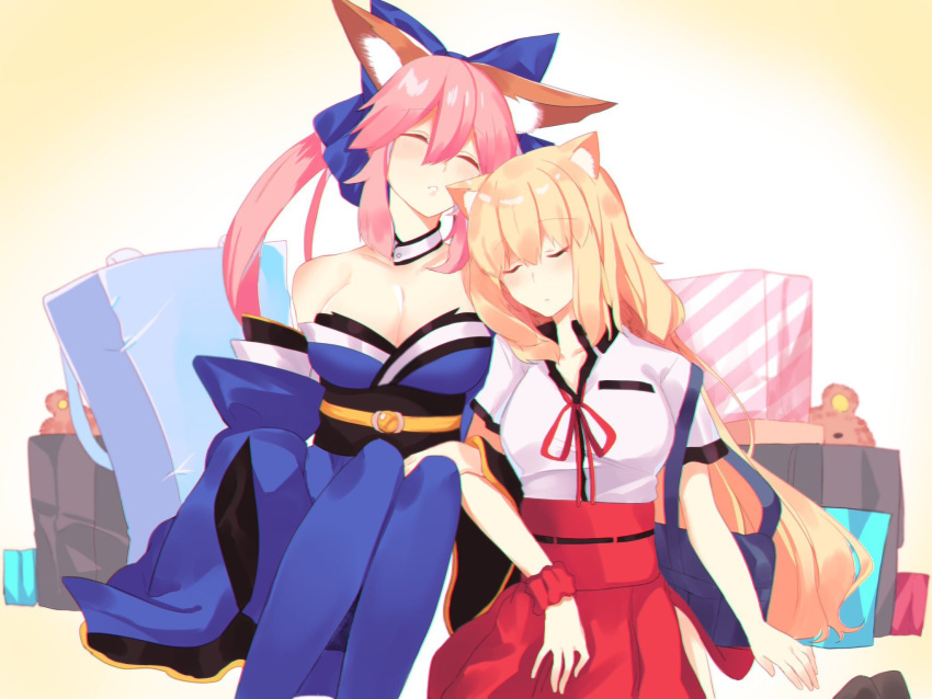 2girls animal_ears bag bare_shoulders blonde_hair blue_bow blue_kimono blue_legwear blush bow breasts cleavage closed_eyes closed_mouth commentary_request detached_collar detached_sleeves fate/grand_order fate_(series) fox_ears hair_bow high-waist_skirt highres japanese_clothes kimono large_breasts long_hair multiple_girls necktie nyokichi_(nyokitto!) obi parted_lips pink_hair red_neckwear red_scrunchie red_skirt sash scrunchie shirt short_sleeves siblings side-by-side sisters skirt sleeping stuffed_animal stuffed_toy suzuka_gozen_(fate) tamamo_(fate)_(all) tamamo_no_mae_(fate) teddy_bear thigh-highs very_long_hair white_shirt wrist_scrunchie