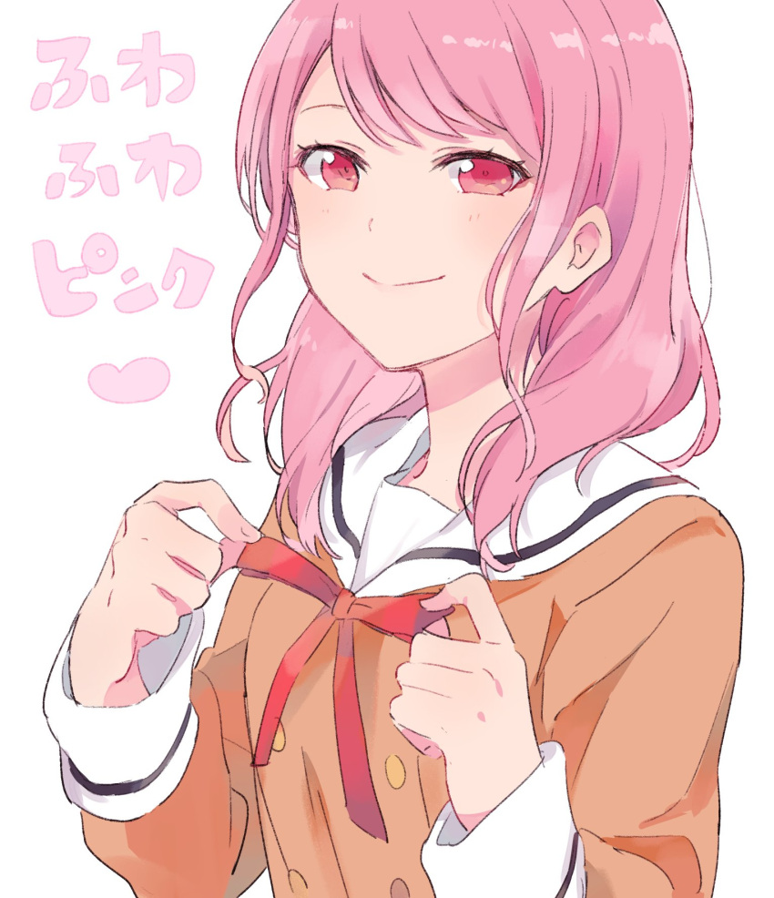 1girl adjusting_neckwear brown_shirt chaa_(korone-ze) closed_mouth commentary_request copyright_request double-breasted highres long_sleeves looking_at_viewer medium_hair monsieur neck_ribbon pink_eyes pink_hair red_neckwear red_ribbon ribbon sailor_collar school_uniform serafuku shirt smile solo translated white_sailor_collar