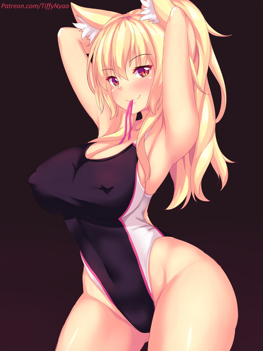 1girl animal_ear_fluff animal_ears armpits arms_up ass_visible_through_thighs bangs black_background black_swimsuit blonde_hair blush breasts cat_ears cat_girl cleavage competition_swimsuit covered_navel covered_nipples cowboy_shot eyebrows_visible_through_hair fast-runner-2024 highres large_breasts long_hair looking_at_viewer mouth_hold one-piece_swimsuit original ponytail red_eyes ribbon ribbon_in_mouth sidelocks simple_background slit_pupils smile solo swimsuit tiffy tying_hair
