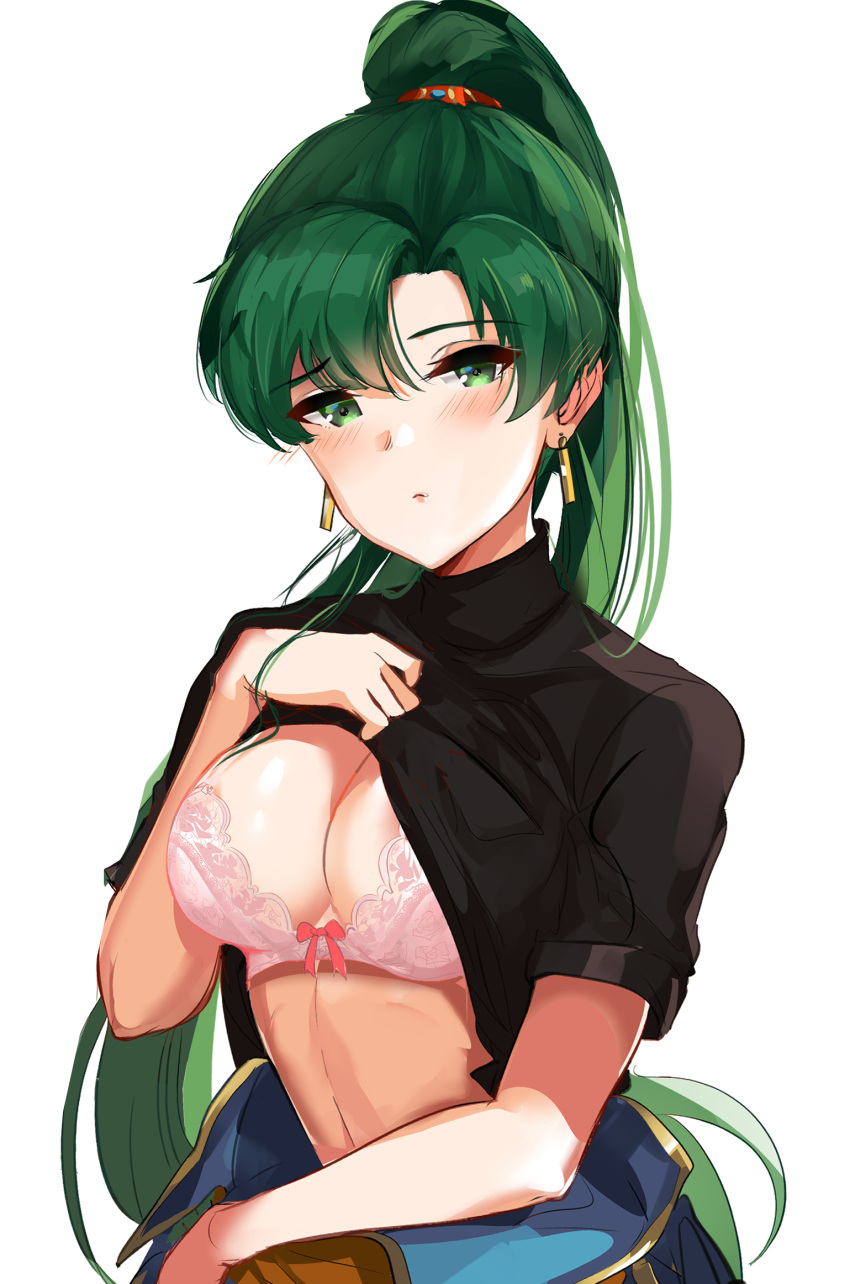 1girl bangs black_shirt blush bow bow_bra bra breasts cleavage clothes_pull ear_blush eyebrows_visible_through_hair fire_emblem fire_emblem:_rekka_no_ken fire_emblem_heroes gloves green_eyes green_hair half-closed_eyes high_ponytail highres large_breasts lifted_by_self long_hair looking_at_viewer lyndis_(fire_emblem) nintendo ormille parted_bangs pink_bow pink_bra ponytail pulled_by_self shirt shirt_lift short_sleeves simple_background smile solo underwear upper_body very_long_hair white_background