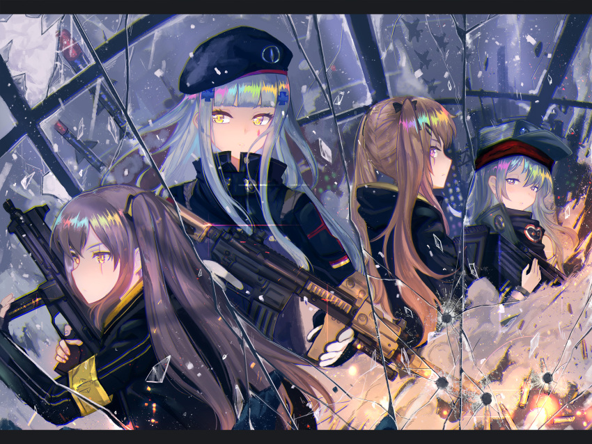 404_(girls_frontline) 4girls armband assault_rifle bangs beret black_bow black_hat black_jacket black_legwear black_ribbon black_shorts blunt_bangs bow broken_mirror brown_eyes brown_hair closed_mouth coat crossed_bangs facial_mark finger_on_trigger fingerless_gloves g11 g11_(girls_frontline) girls_frontline gloves green_hat green_jacket grey_hair gun h&amp;k_ump h&amp;k_ump45 hair_ornament hairclip hat heckler_&amp;_koch highres hk416 hk416_(girls_frontline) holding holding_gun holding_weapon hood hood_down hooded_jacket jacket long_hair looking_at_viewer looking_to_the_side memekun messy_hair multiple_girls one_side_up open_clothes open_coat open_jacket pantyhose plaid plaid_skirt reflection ribbon rifle scar scar_across_eye scarf_on_head shirt shorts shoulder_cutout skirt submachine_gun teardrop thigh-highs trigger_discipline twintails ump45_(girls_frontline) ump9_(girls_frontline) violet_eyes weapon white_hair white_shirt yellow_eyes