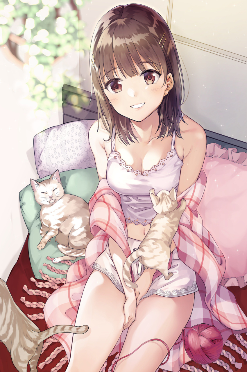1girl :d absurdres animal bangs bare_shoulders blunt_bangs blush breasts brown_eyes brown_hair camisole cat cleavage collarbone commentary_request eyebrows_visible_through_hair hair_ornament hairclip highres indoors long_hair looking_at_viewer matsuzaki_miyuki medium_breasts navel open_mouth original pillow plaid plaid_scarf scarf short_shorts shorts sitting smile solo spaghetti_strap stomach teeth wool