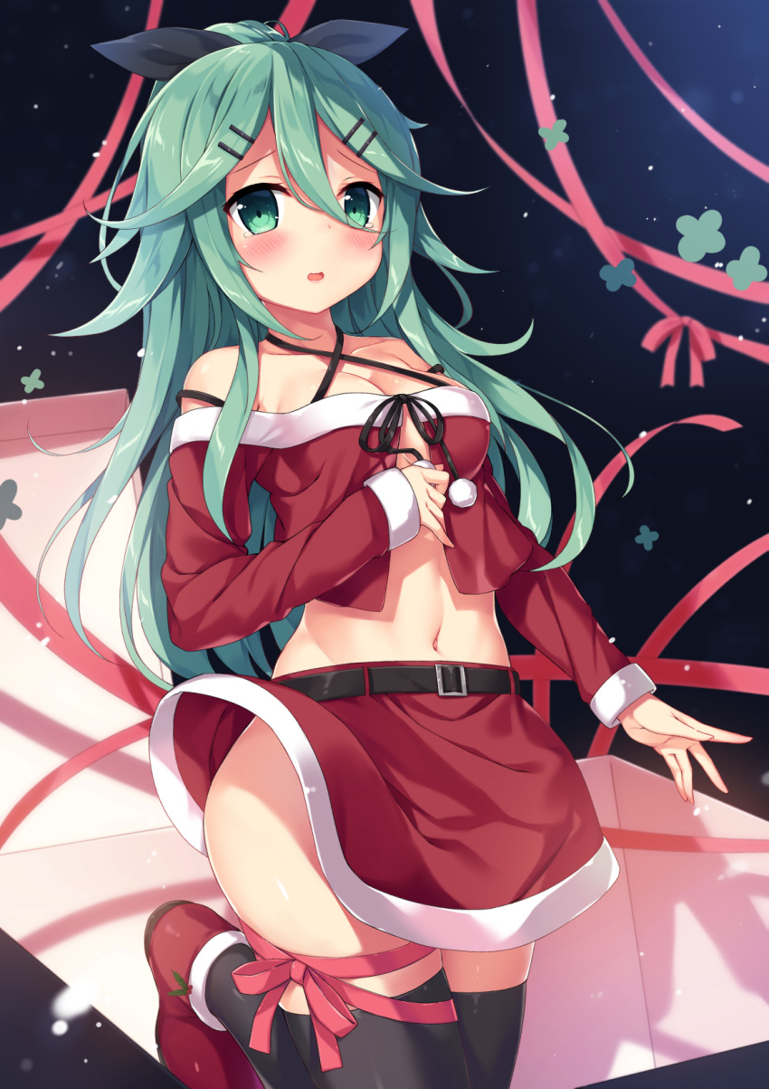 1girl alternate_costume bangs belt black_legwear black_ribbon blush box breasts christmas commentary_request dress eyebrows_visible_through_hair ezoshika gift gift_box green_eyes green_hair hair_between_eyes hair_flaps hair_ornament hair_ribbon hairclip highres kantai_collection long_hair long_sleeves looking_at_viewer midriff navel open_mouth parted_bangs ponytail red_dress ribbon santa_costume shoes skirt small_breasts solo standing standing_on_one_leg tearing_up tears thigh-highs yamakaze_(kantai_collection)