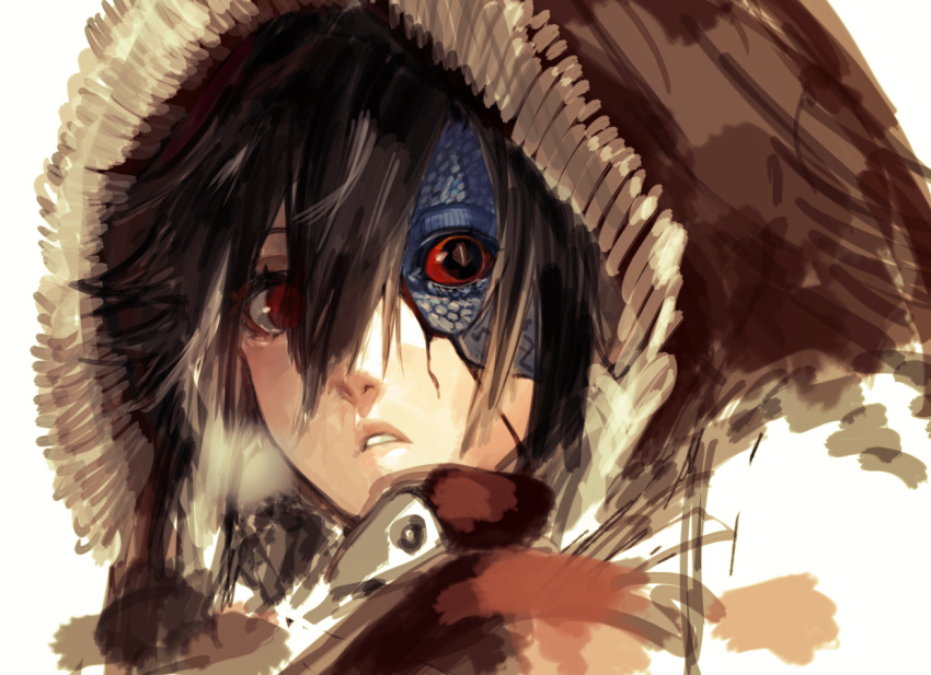 1girl black_eyes black_hair breath hair_between_eyes maido_mido medium_hair original parted_lips red_eyes red_sclera scales scar simple_background sketch solo white_background winter_clothes