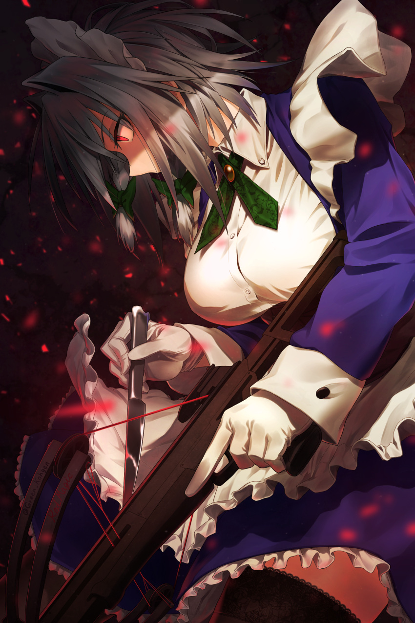 1girl absurdres apron black_legwear bow bow_(weapon) braid breasts buttons collared_shirt crossbow dress_shirt frills from_side gloves green_bow greenkohgen hair_bow hair_intakes highres holding holding_knife holding_weapon izayoi_sakuya knife large_breasts long_hair long_sleeves maid_apron maid_headdress profile red_eyes red_string shirt silver_hair solo string thigh-highs touhou twin_braids twitter_username weapon white_gloves wing_collar