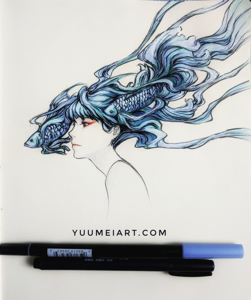 1girl blue_hair closed_mouth commentary english_commentary eyeshadow fish floating_hair from_side grey_background highres inktober long_hair makeup original pen photo portrait profile smile solo traditional_media watermark web_address wenqing_yan