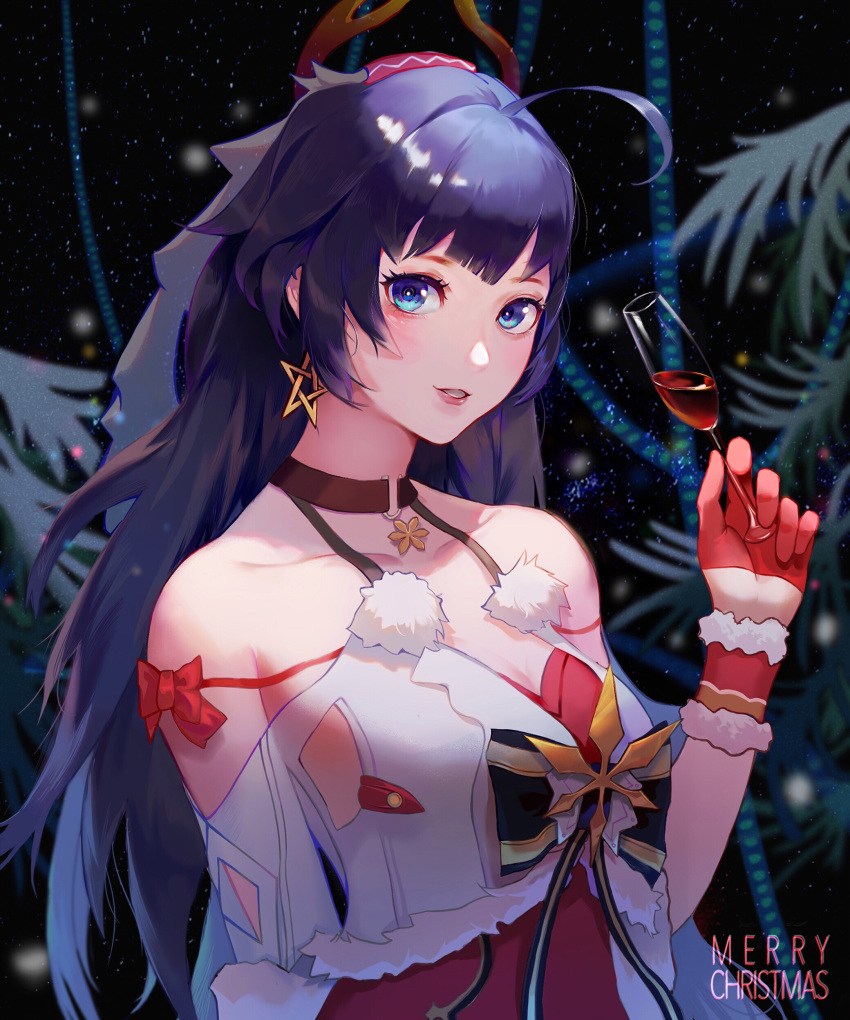 1girl absurdres ahoge antlers bangs bare_shoulders blurry blurry_background blush bow breasts champagne_flute choker christmas cleavage collarbone cup daylightallure dress drinking_glass earrings highres holding holding_cup honkai_impact jewelry large_breasts long_hair looking_at_viewer merry_christmas open_mouth ponytail purple_hair raiden_mei reindeer_antlers smile snow snowing solo star star_earrings tree upper_body very_long_hair violet_eyes