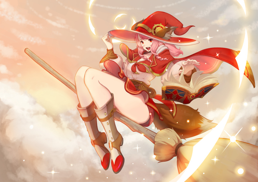 1girl :d animal_ears belt book boots broom broom_riding cape clouds drill_hair ears_through_headwear eyebrows_visible_through_hair flying handesu hat highres long_sleeves looking_at_viewer magic open_book open_mouth original pink_hair puffy_long_sleeves puffy_sleeves red_cape red_eyes red_skirt shirt side_drill sidesaddle skirt skirt_lift sky smile solo tail thighs white_shirt wind wind_lift witch witch_hat wolf_ears wolf_tail