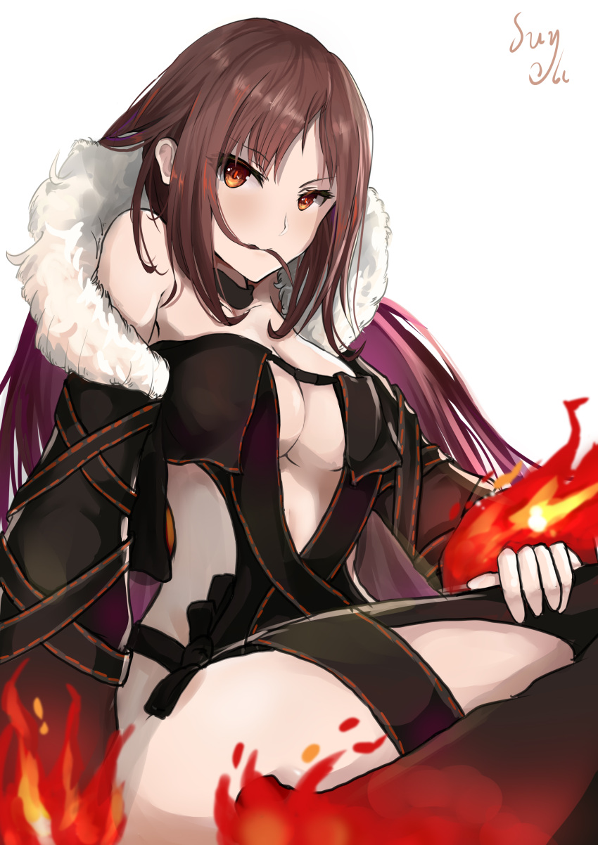 1girl absurdres bangs bare_shoulders biting_hair black_dress breasts brown_eyes brown_hair center_opening choker cleavage collarbone commentary_request consort_yu_(fate) dress eyebrows_visible_through_hair fate/grand_order fate_(series) fire fur_trim hair_in_mouth highres jacket long_hair looking_at_viewer medium_breasts sideboob sitting solo strapless strapless_dress sunnydoll
