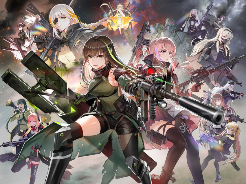 404_(girls_frontline) ak-12 ak-12_(girls_frontline) an-94 an-94_(girls_frontline) anti-rain_(girls_frontline) ar-15 armband assault_rifle bangs beret black_bow black_hair black_jacket black_legwear black_ribbon blonde_hair blue_eyes blunt_bangs bow braid breasts brown_eyes brown_hair cape character_request closed_mouth clothes_around_waist crossed_bangs defy_(girls_frontline) dress eyebrows_visible_through_hair eyepatch fingerless_gloves french_braid g11 g11_(girls_frontline) garter_straps girls_frontline gloves green_eyes green_hat green_jacket grey_hair gun h&amp;k_ump h&amp;k_ump45 h&amp;k_ump9 hair_between_eyes hair_ornament hairband hairclip hat headgear heckler_&amp;_koch heterochromia hk416 hk416_(girls_frontline) holding holding_gun holding_weapon holster hood hood_down hooded_jacket jacket jacket_around_waist large_breasts leg_up long_hair long_sleeves looking_at_viewer m16a1 m16a1_(girls_frontline) m4_carbine m4_sopmod_ii_(girls_frontline) m4a1_(girls_frontline) mask megaphone messy_hair mod3_(girls_frontline) mole mole_under_eye multicolored_hair multiple_girls one_side_up open_clothes open_jacket open_mouth pantyhose pink_hair plaid plaid_skirt red_eyes ribbon rifle ro635_(girls_frontline) scar scarf scarf_on_head scope shirt shoulder_cutout silver_hair single_thighhigh skirt smile st_ar-15_(girls_frontline) strap streaked_hair submachine_gun taesi thigh-highs thigh_strap trigger_discipline twintails ump45_(girls_frontline) ump9_(girls_frontline) very_long_hair violet_eyes weapon white_hair white_shirt yellow_eyes