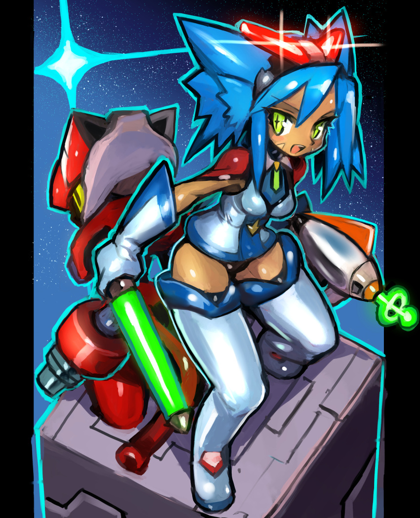 1girl absurdres arm_cannon back-to-back black_border blue_hair boots border breasts dakusuta facial_mark full_body gloves green_eyes hair_between_eyes hairband highres leaning_forward medium_breasts original outside_border robot spiky_hair standing star starry_background thigh-highs thigh_boots weapon white_footwear white_gloves