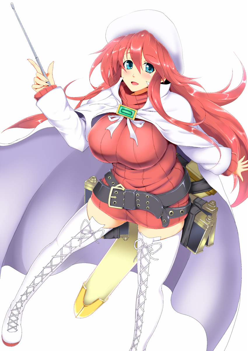1girl aty_(summon_night) belt beret blue_eyes book boots breasts cape capelet cloak cross-laced_footwear curvy dress hat highres large_breasts long_hair loose_belt moo_yoshio plump red_sweater redhead ribbed_sweater solo summon_night summon_night_3 sweater sweater_dress sword thigh-highs thigh_boots turtleneck weapon white_footwear