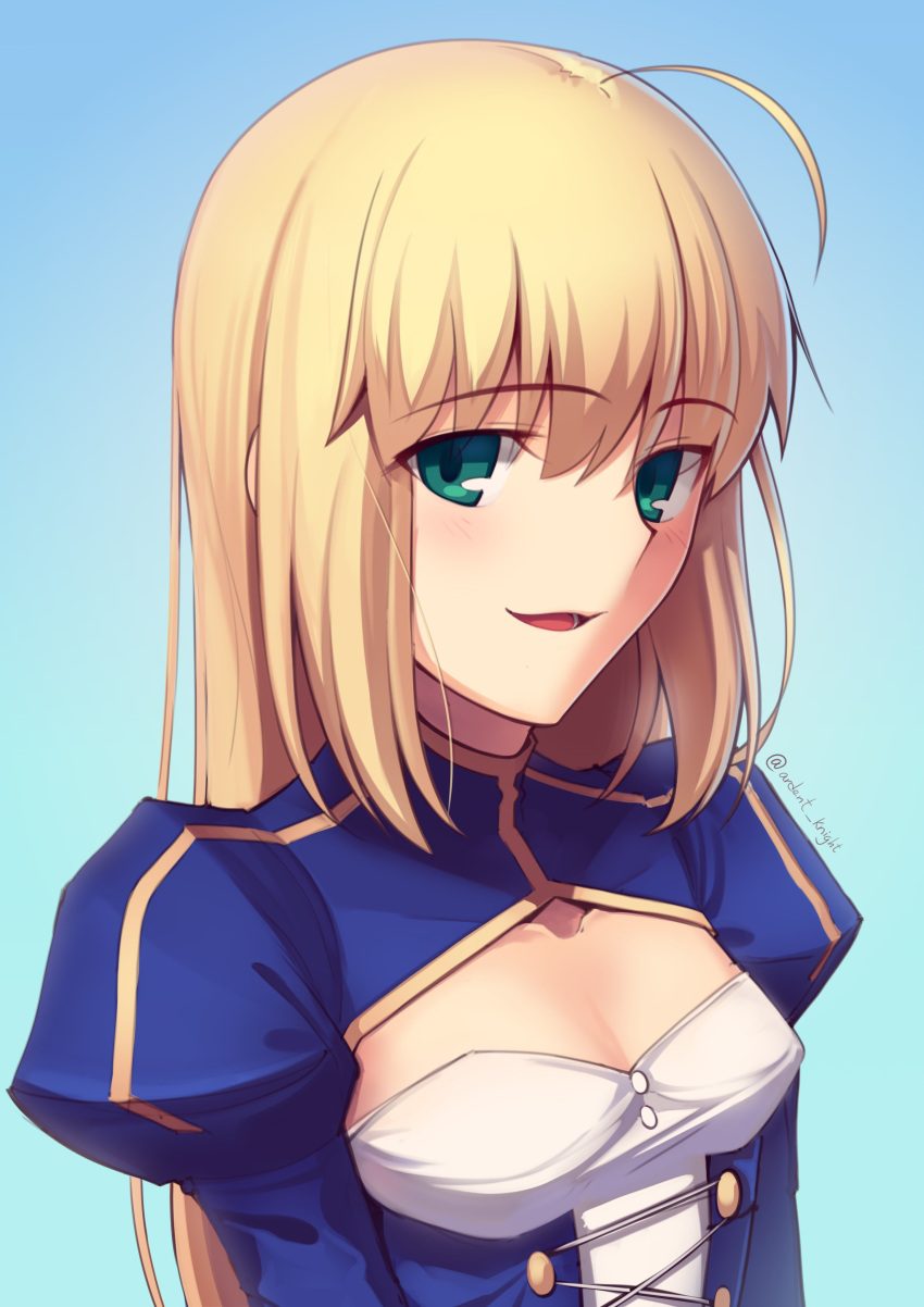 1girl absurdres ahoge artoria_pendragon_(all) blonde_hair blue_background blue_dress boa_(brianoa) breasts cleavage collarbone dress fate/stay_night fate_(series) gradient gradient_background green_eyes hair_down highres looking_at_viewer open_mouth saber small_breasts smile solo twitter_username upper_body