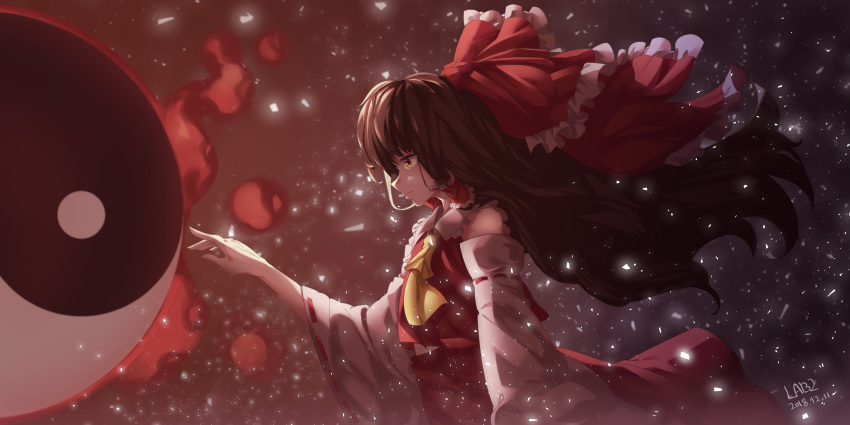 1girl absurdres arm_at_side arm_up artist_name bow brown_hair cowboy_shot cravat dated detached_sleeves expressionless fire from_side gradient gradient_background hair_blowing hair_bow hair_tubes hakurei_reimu highres lab2linch light_particles long_hair looking_to_the_side midriff_peek profile red_skirt red_vest ribbon-trimmed_sleeves ribbon_trim skirt skirt_set solo touhou very_long_hair vest wind yellow_eyes yellow_neckwear yin_yang_orb
