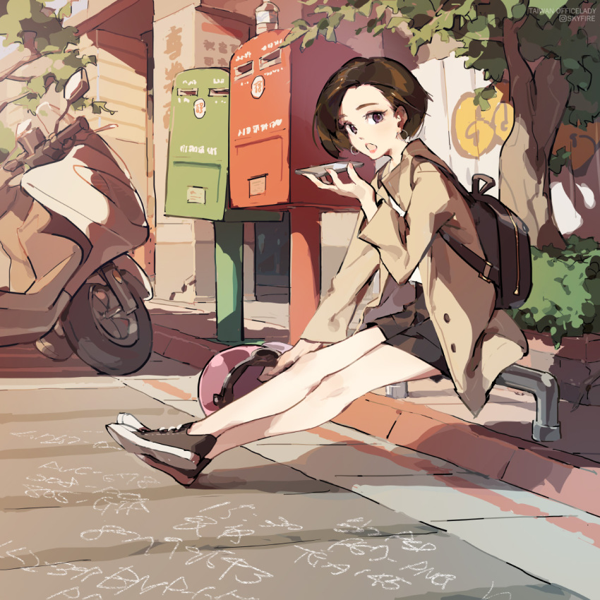 1girl :o backpack bag brown_coat brown_hair cellphone coat earrings full_body ground_vehicle helmet highres holding holding_helmet holding_phone jewelry looking_at_viewer motor_vehicle motorcycle motorcycle_helmet office_lady office_lady_taiwan original outdoors phone postbox_(outgoing_mail) shoes short_hair sitting smartphone sneakers solo taiwan tennohi twitter_username violet_eyes