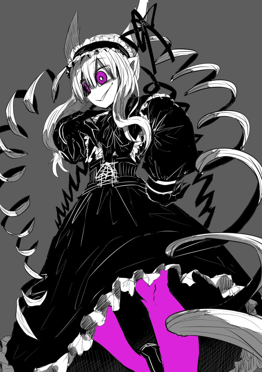 1girl bangs commentary_request copyright_request dress drill_hair eyebrows_visible_through_hair feet_out_of_frame frilled_hairband frills gloves gothic_lolita grey_background greyscale hair_between_eyes hairband highres juugoya_(zyugoya) lolita_fashion long_dress long_hair monochrome pantyhose parted_lips pointy_ears purple_legwear quad_drills ringed_eyes simple_background smile solo spot_color standing very_long_hair wide-eyed