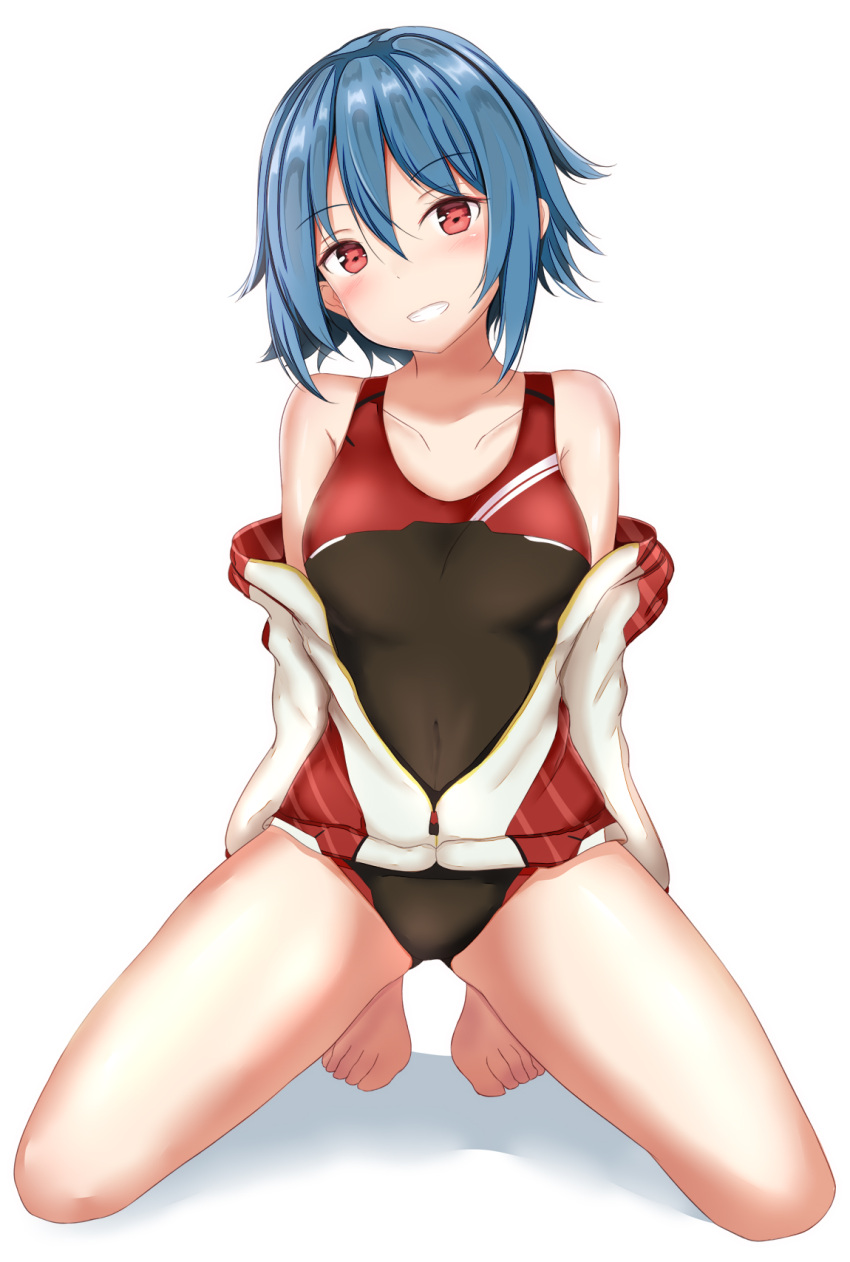 1girl :d armpit_crease bangs bare_shoulders barefoot black_swimsuit blue_hair blush breasts collarbone eyebrows_visible_through_hair full_body grin hair_between_eyes head_tilt highres jacket kneeling long_sleeves looking_at_viewer medium_breasts off_shoulder open_clothes open_jacket open_mouth partially_unzipped phantasy_star phantasy_star_online_2 red_eyes school_swimsuit shadow short_hair sidelocks simple_background smile solo stratos_(pso2) swimsuit teeth thighs white_background white_jacket yuano