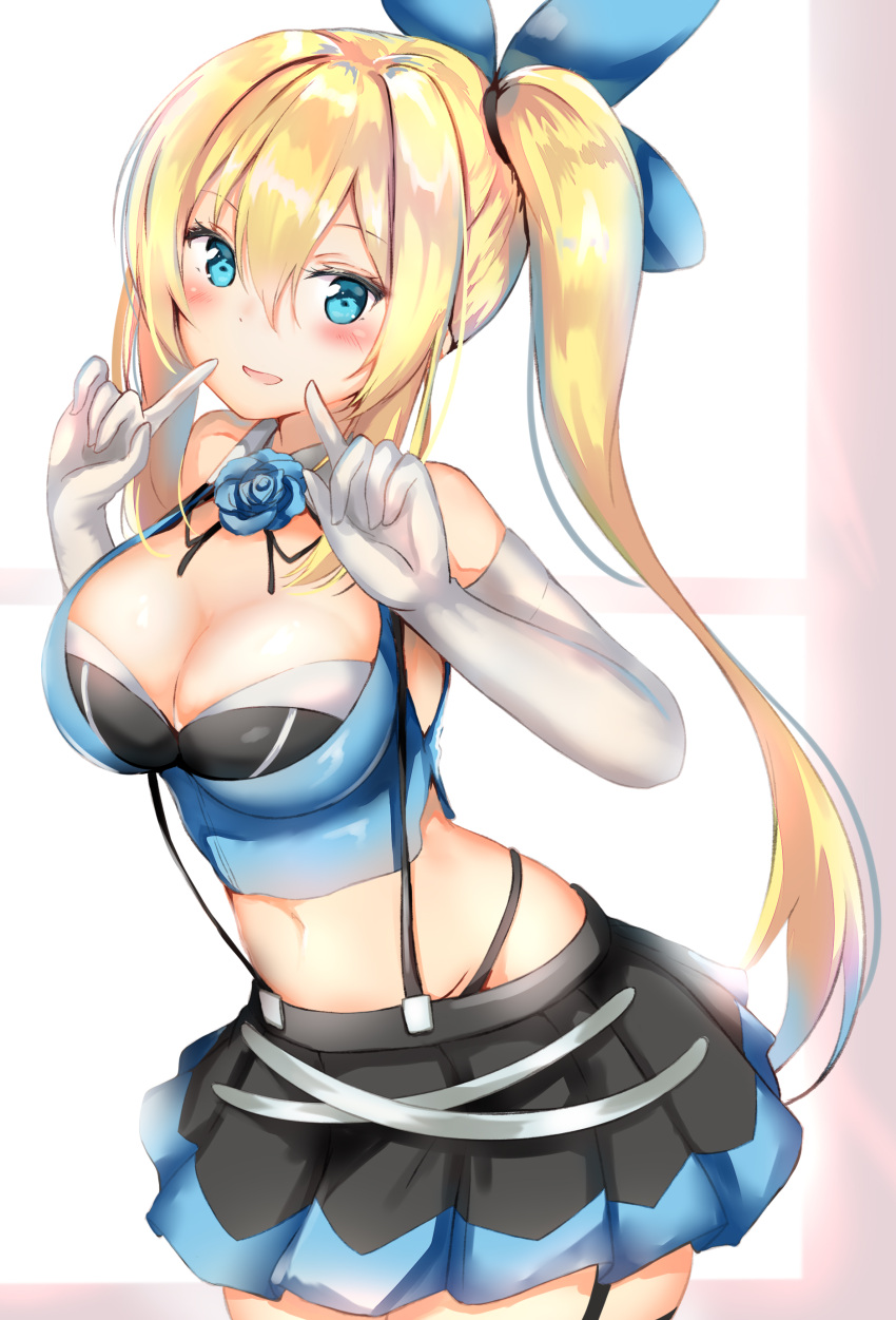 1girl absurdres bangs bare_shoulders black_legwear black_neckwear black_skirt blonde_hair blue_eyes blue_flower blue_ribbon blue_rose blue_shirt blush breasts cleavage cowboy_shot crop_top elbow_gloves flower garter_straps gloves groin hair_between_eyes hair_intakes hair_ribbon hands_up head_tilt highres index_finger_raised large_breasts leaning_forward light_smile long_hair looking_at_viewer midriff miniskirt mirai_akari mirai_akari_project navel neck_ribbon parted_lips pleated_skirt ribbon rose shirt side_ponytail sidelocks skirt sleeveless sleeveless_shirt solo standing suspenders thigh-highs virtual_youtuber white_gloves yuano