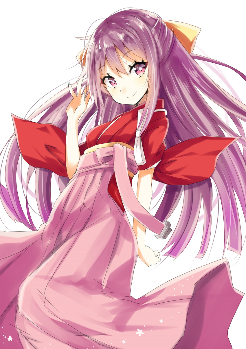 1girl bangs blush bow breasts closed_mouth commentary_request eyebrows_visible_through_hair fingernails hair_between_eyes hair_bow hakama hand_up head_tilt highres hizaka japanese_clothes kamikaze_(kantai_collection) kantai_collection kimono pink_hakama purple_hair red_kimono short_kimono short_sleeves simple_background sleeves_pushed_up small_breasts smile solo tasuki violet_eyes white_background white_bow yellow_bow