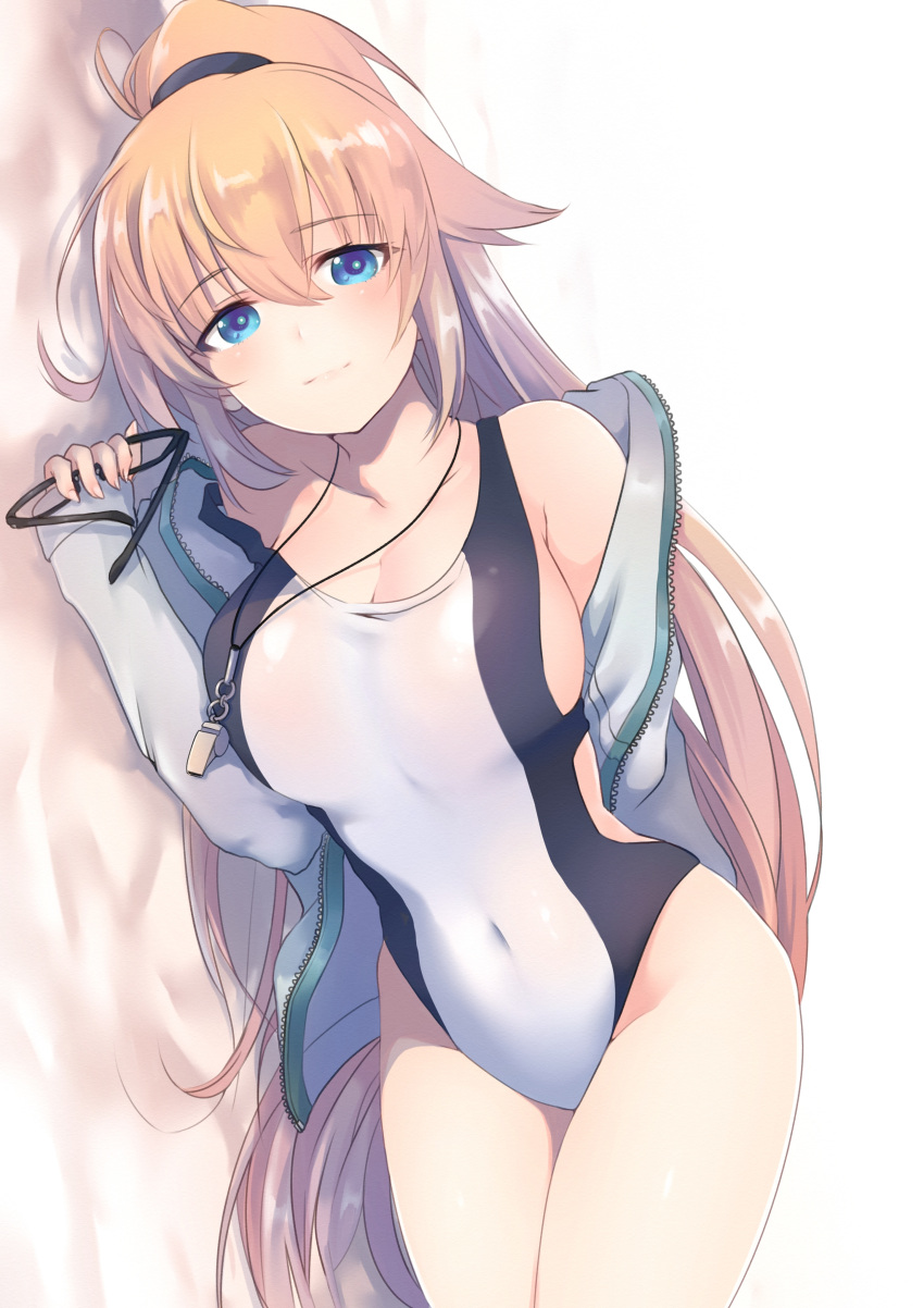 1girl absurdres bangs bare_shoulders bed_sheet blonde_hair blue_eyes blush breasts cleavage closed_mouth collarbone commentary_request competition_swimsuit covered_navel dyson_(edaokunnsaikouya) eyebrows_visible_through_hair eyewear_removed fate/grand_order fate_(series) fingernails hair_between_eyes hand_up head_tilt high_ponytail highres holding holding_eyewear jacket jeanne_d'arc_(fate)_(all) jeanne_d'arc_(swimsuit_archer) large_breasts long_hair lying off_shoulder on_side one-piece_swimsuit open_clothes open_jacket ponytail sleeves_past_wrists smile solo swimsuit very_long_hair whistle whistle_around_neck white_background white_jacket white_swimsuit